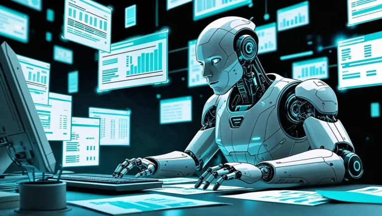 AI agent robot working on computer with digital screens in 2026