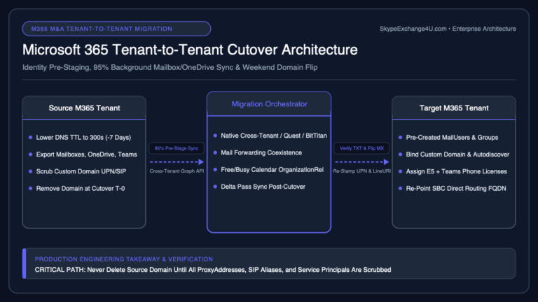 Microsoft 365 Tenant-to-Tenant T2T Migration Architecture Pre-Stage Sync Domain Cutover and Identity Coexistence Diagram